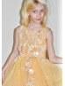 Beaded Golden Yellow Lace Tulle Curly Hem Flower Girl Dress Beaded Golden Yellow Lace Tulle Curly Hem Flower Girl Dress